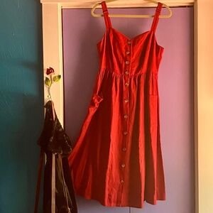 NWOT PEARL Linen Pinafore Dress in Cherry Red  w/Pockets M